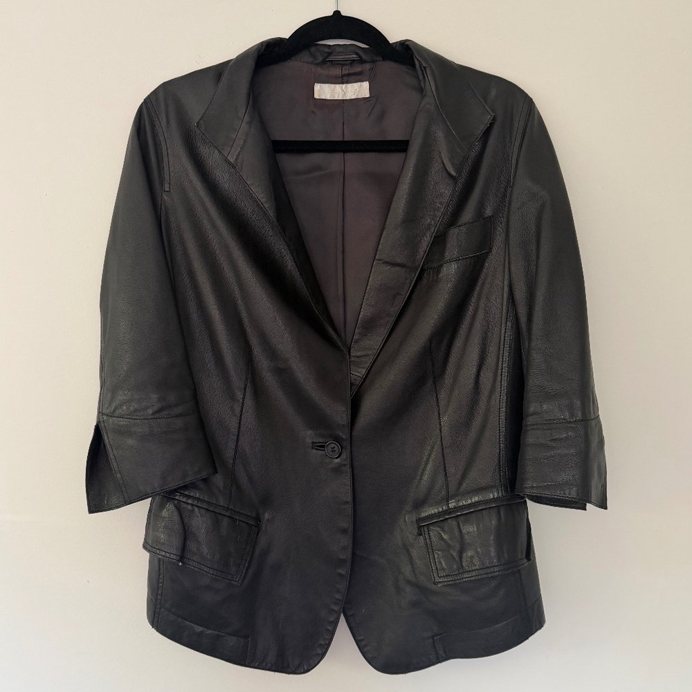 Nicole Fahri Calf Leather Blazer Style Jacket 3/4 Sleeve Soft Modern Size 8